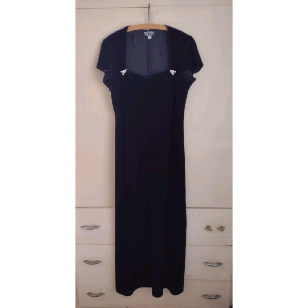 Vtg Formal Whimsigoth Dress Onyx Nite Maxi Black Velvet Rhinestone Sz 12 90s Y2k